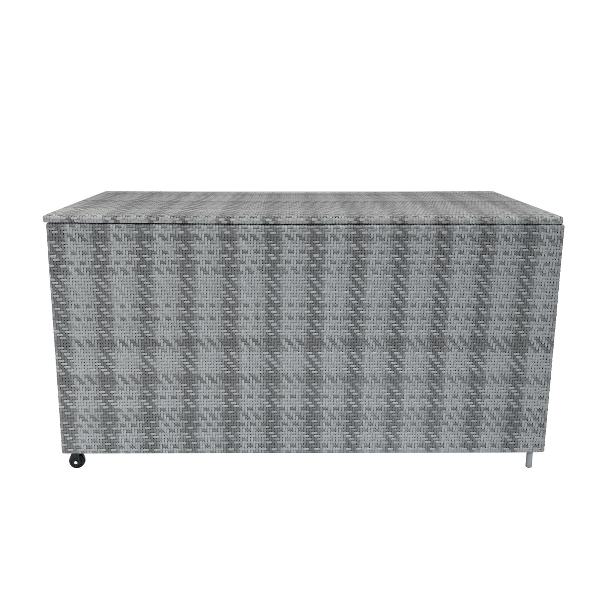 Coffre de rangement d'extérieur en rotin gris, 700 L, avec texture tissée, forme rectangulaire et roulettes pour un déplacement facile