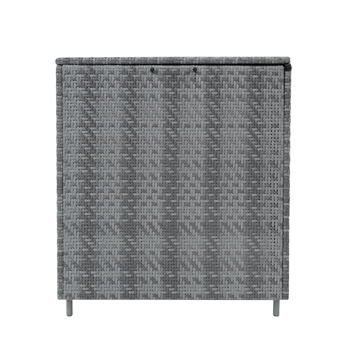 Coffre de rangement d'extérieur en rotin gris, texture tissée, design moderne, dimensions compactes, idéal pour le stockage extérieur