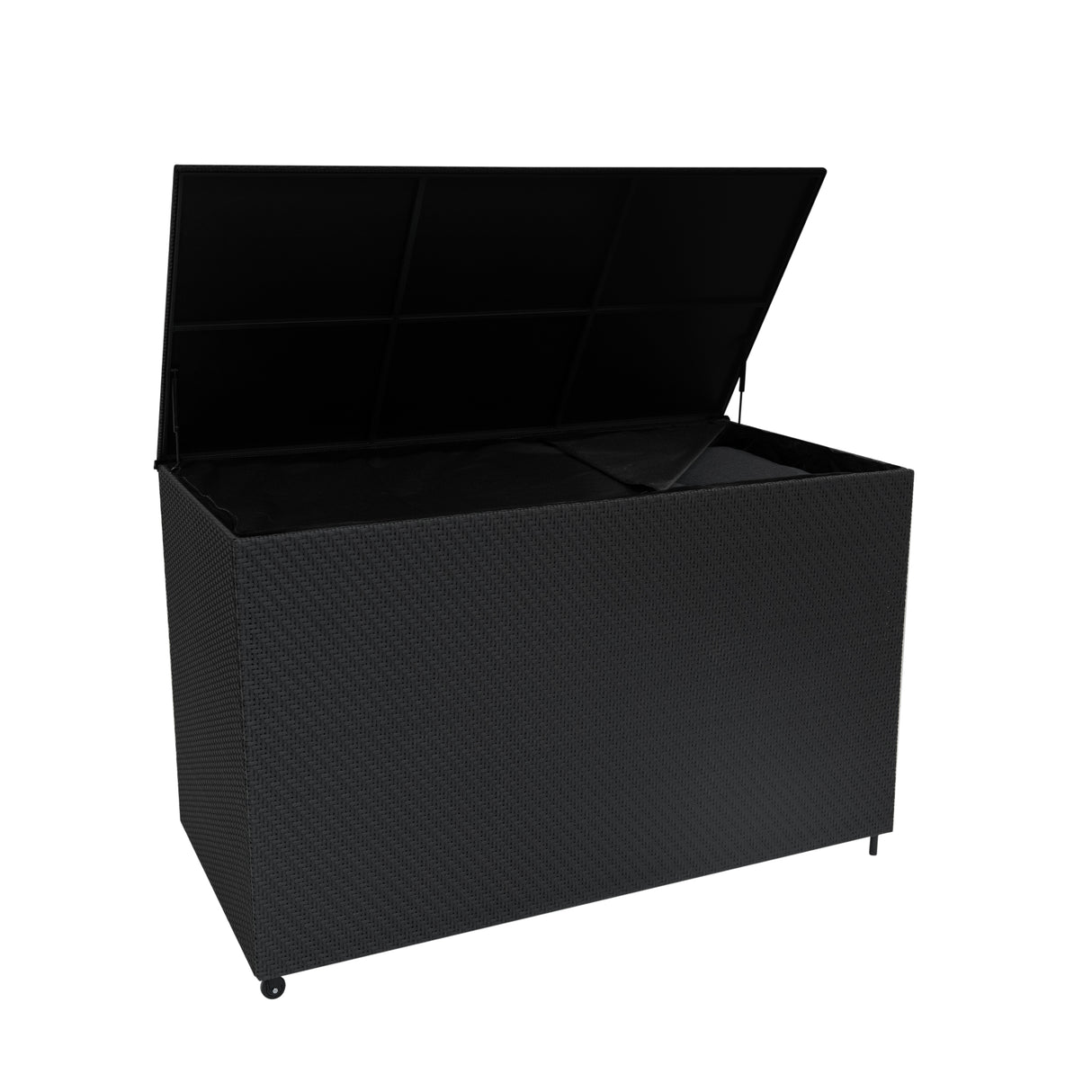 Coffre de rangement d'extérieur en rotin noir, 996 L, avec un couvercle ouvert, texture tissée et design moderne, idéal pour le stockage