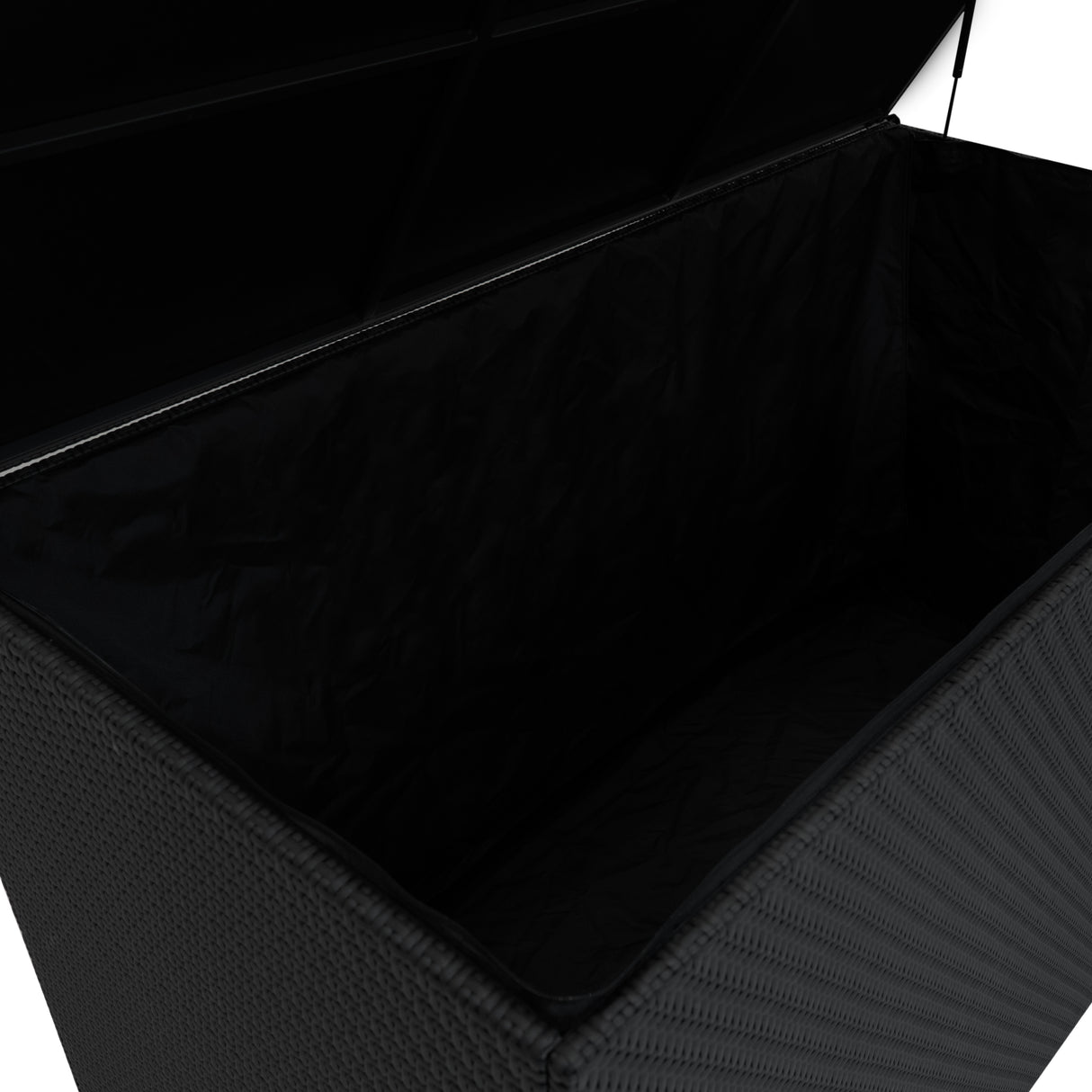 Coffre de rangement d'extérieur en rotin noir, grand espace de stockage, intérieur lisse et sombre, design moderne et élégant