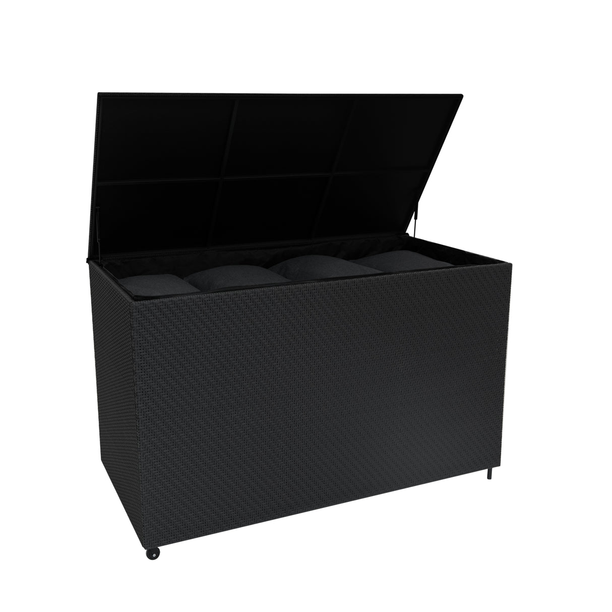 Coffre de rangement d'extérieur en rotin noir, grand volume de 996 L, avec couvercle ouvert et coussins gris à l'intérieur