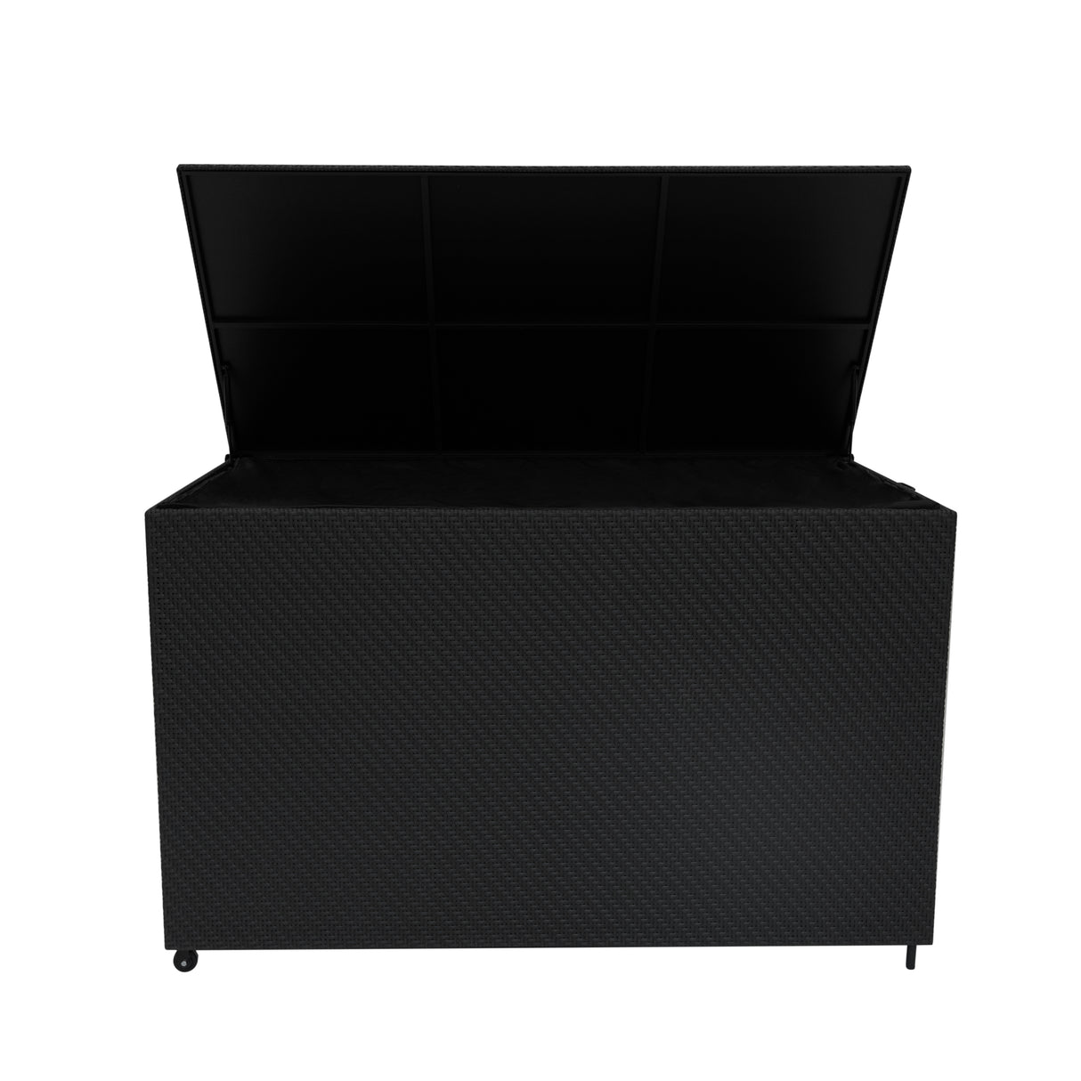 Coffre de rangement d'extérieur en rotin noir, 996 L, avec couvercle ouvert, texture tissée et finition élégante, idéal pour le jardin
