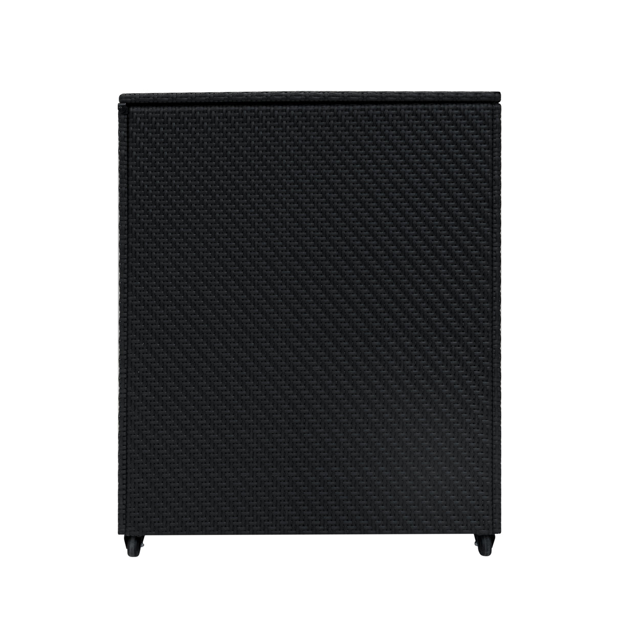 Coffre de rangement d'extérieur en rotin noir, texture tissée, design moderne, idéal pour le stockage en extérieur et la décoration