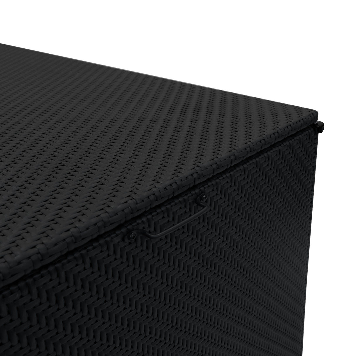 Coffre de rangement d'extérieur en rotin noir, texture tissée, couvercle plat et poignées pour un accès facile, capacité de 996 L