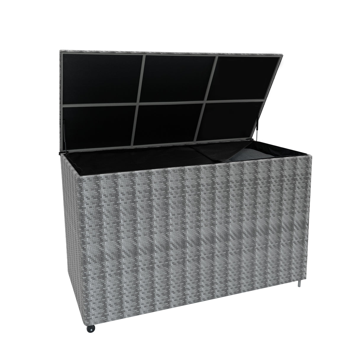 Coffre de rangement d'extérieur en rotin gris, 996 L, avec couvercle ouvert, texture tissée et intérieur spacieux pour le stockage