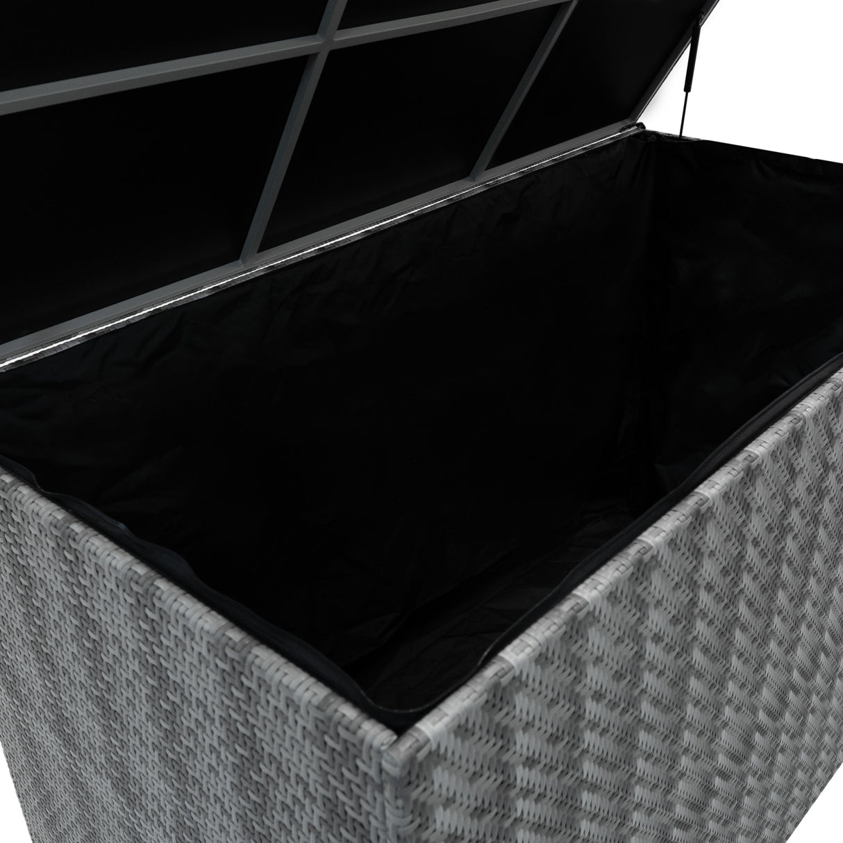 Coffre de rangement extérieur en rotin gris de 996 L, avec un intérieur noir et une texture tissée élégante, idéal pour le stockage