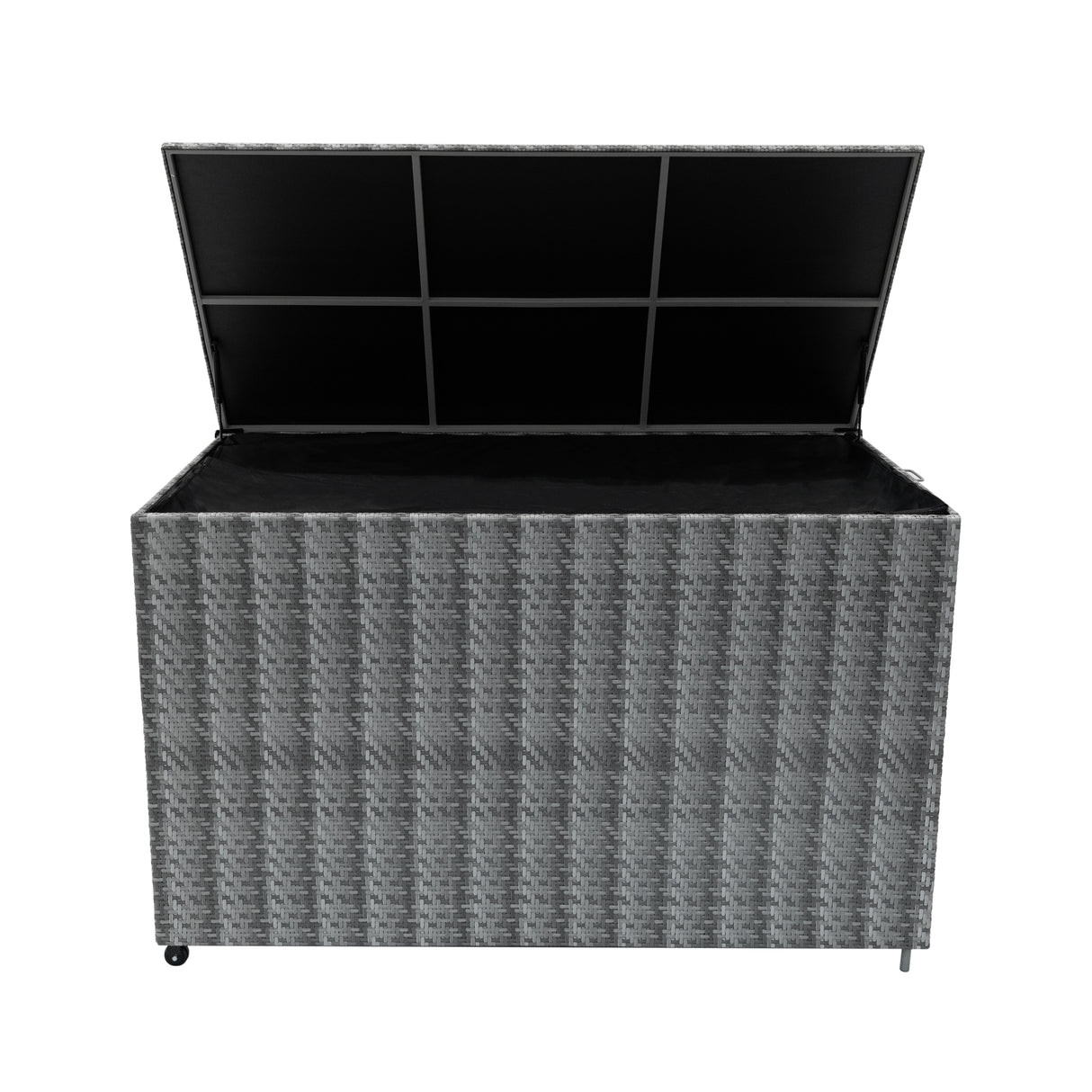 Coffre de rangement d'extérieur en rotin gris, texture tissée, grand espace de stockage, couvercle ouvrant avec intérieur noir