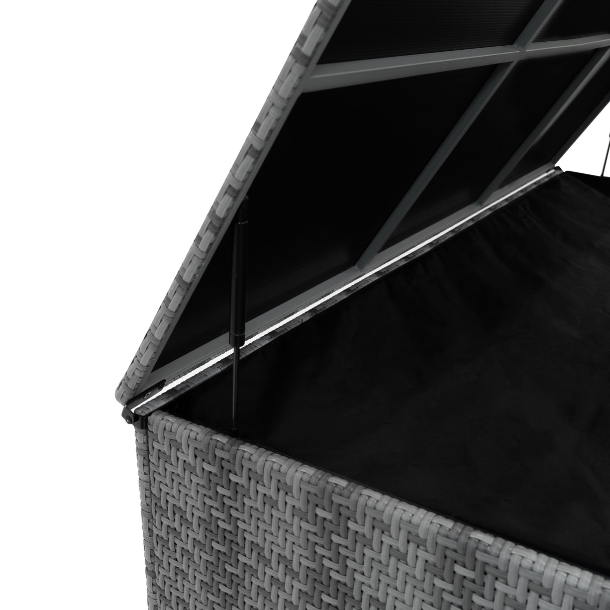 Coffre de rangement d'extérieur en rotin gris avec couvercle ouvert, intérieur en tissu noir, design moderne et élégant