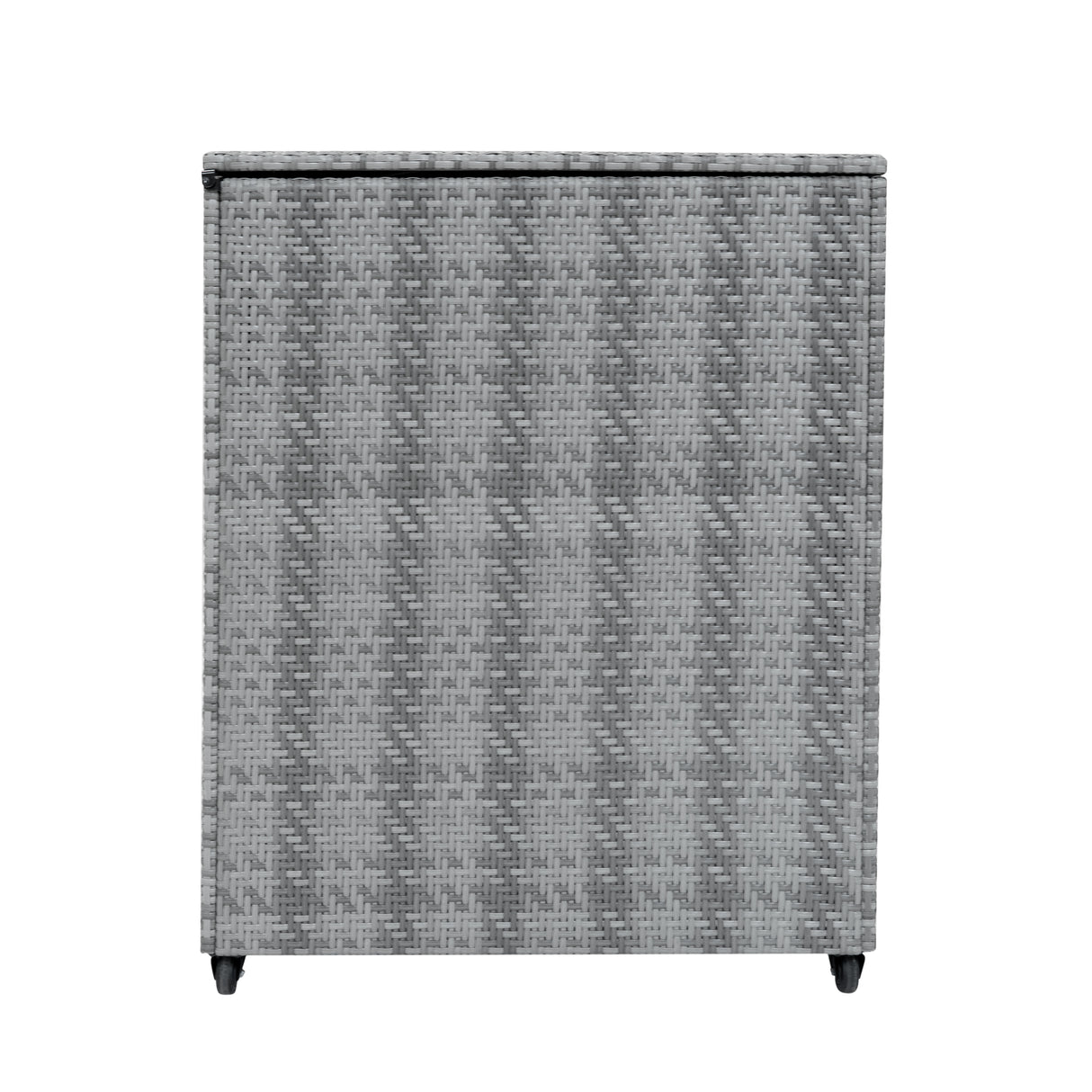 Coffre de rangement d'extérieur en rotin gris, texture tissée, design moderne, idéal pour le stockage et la décoration extérieure