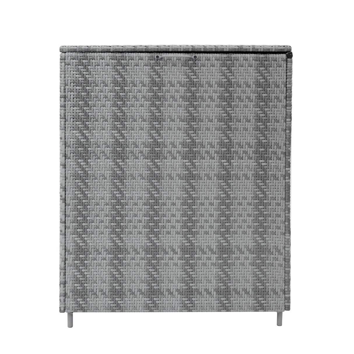 Coffre de rangement d'extérieur en rotin gris, texture tissée, design moderne, idéal pour le stockage et la décoration extérieure