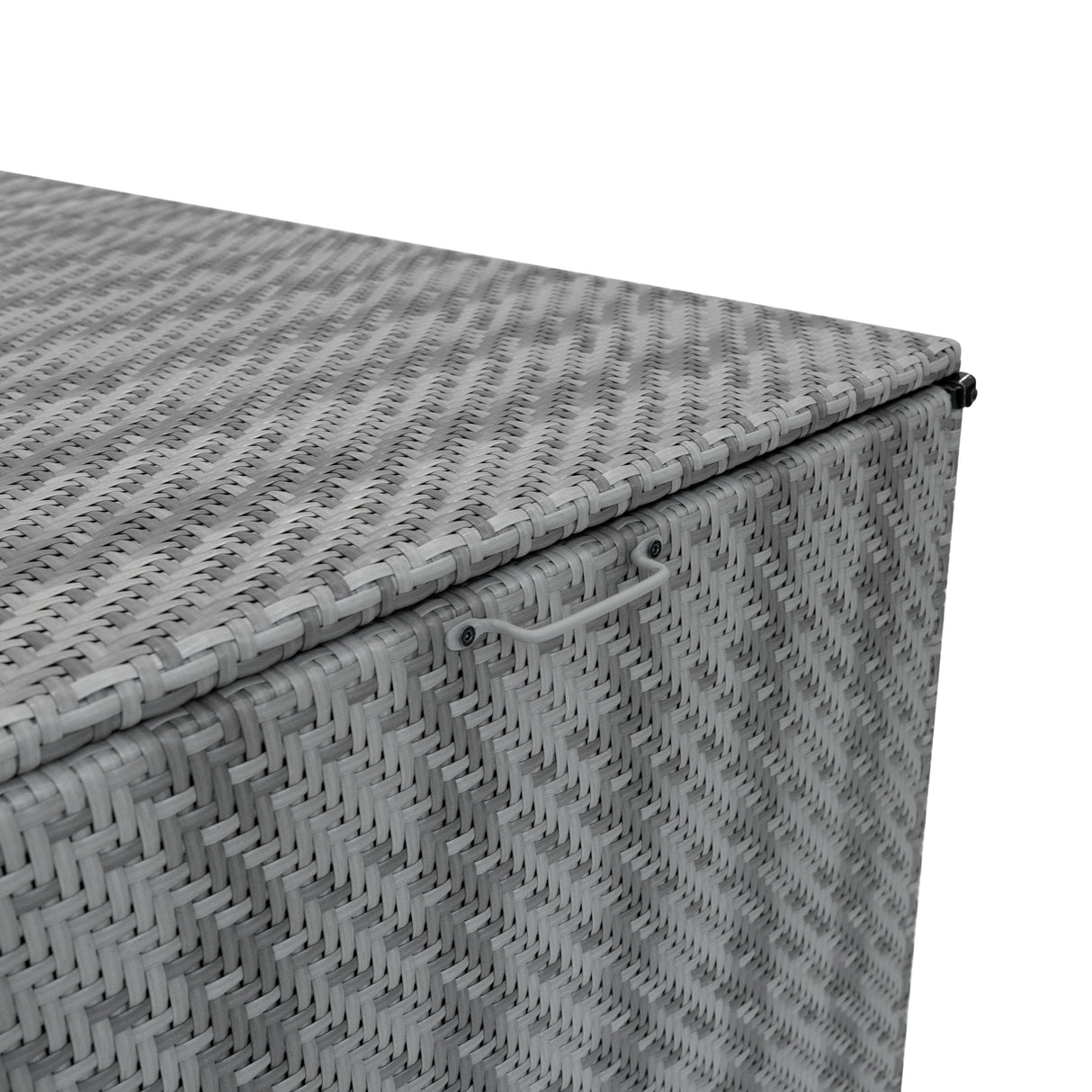 Coffre de rangement d'extérieur en rotin gris, texture tissée, design moderne, idéal pour le stockage en extérieur