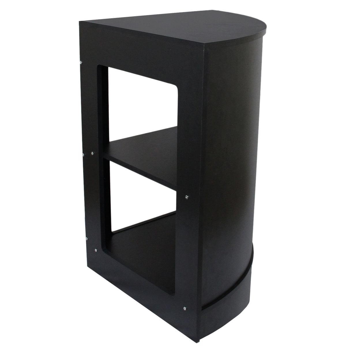 Vitrine de coin noire en bois, design moderne, avec étagères ouvertes et finition lisse, idéale pour exposer des produits