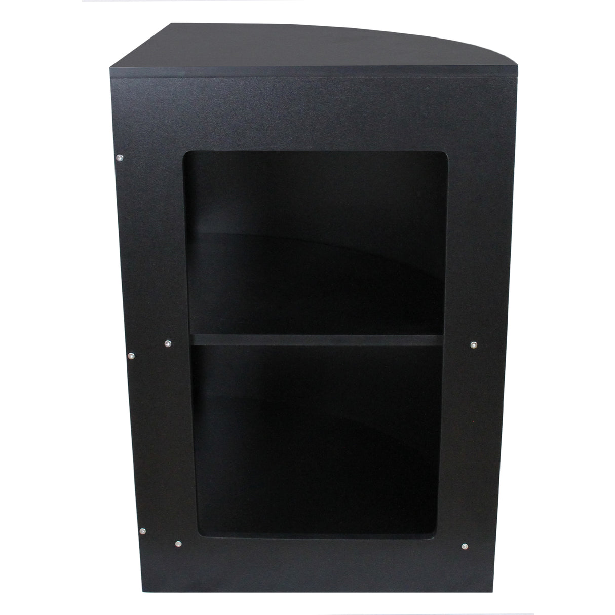 Vitrine de coin noire en MDF, design moderne avec deux étagères intérieures, finition lisse et coins arrondis pour un look élégant