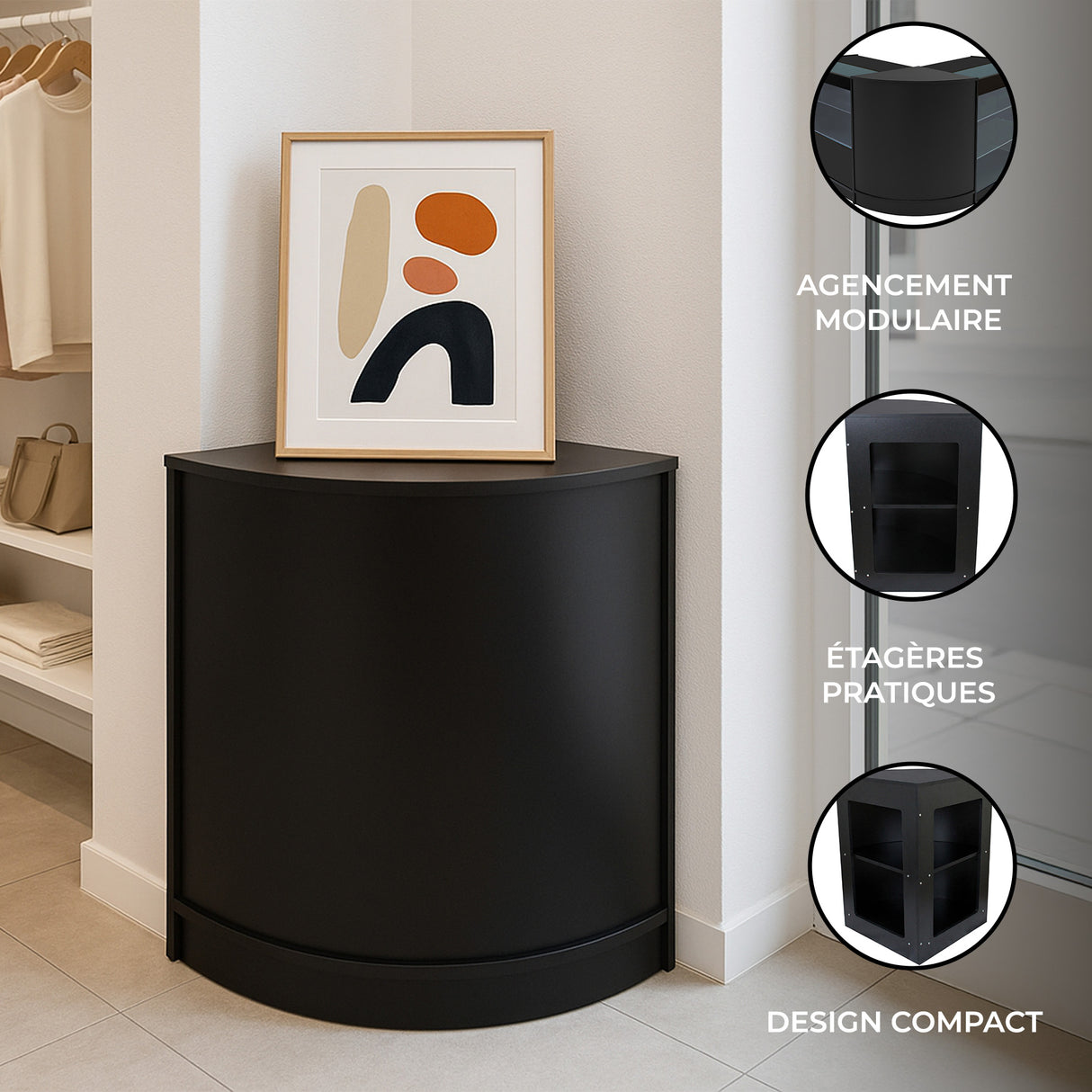 Vitrine de coin noire avec étagères pratiques, design compact, et tableau artistique coloré sur un mur clair dans un intérieur moderne