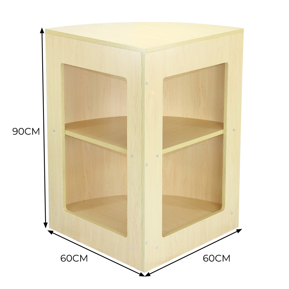 Vitrine de coin en érable clair, dimensions 90 cm de hauteur et 60 cm de large, avec étagères ouvertes et finitions lisses