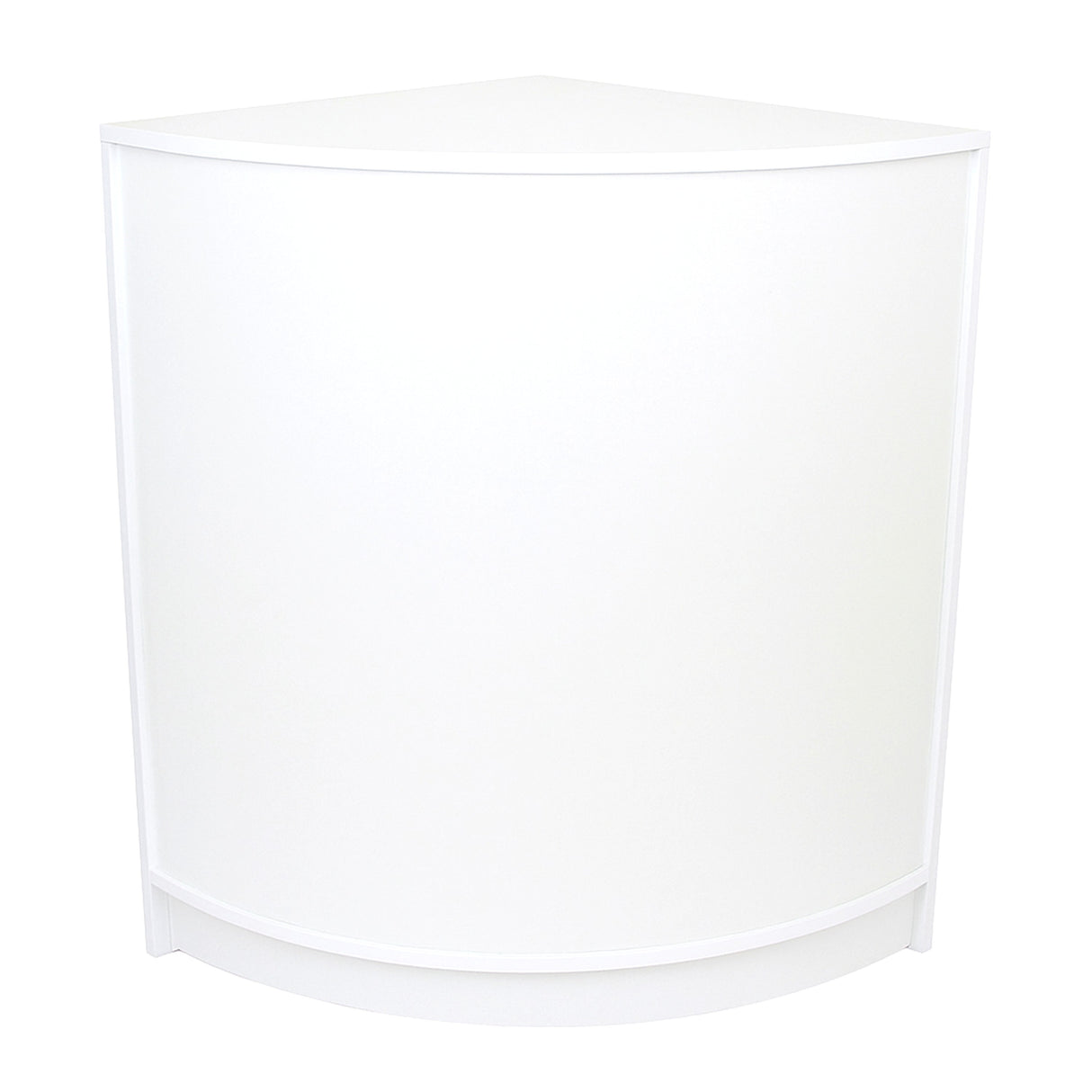 Vitrine de coin blanche, design moderne, finition lisse, forme arrondie, idéale pour exposer des produits dans un espace restreint