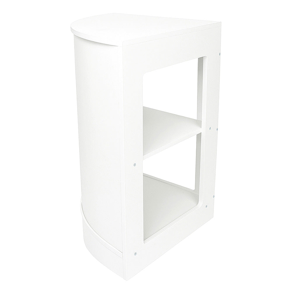 Vitrine de coin blanche en bois avec étagères ouvertes, design moderne et épuré, idéale pour exposer des produits dans un espace restreint