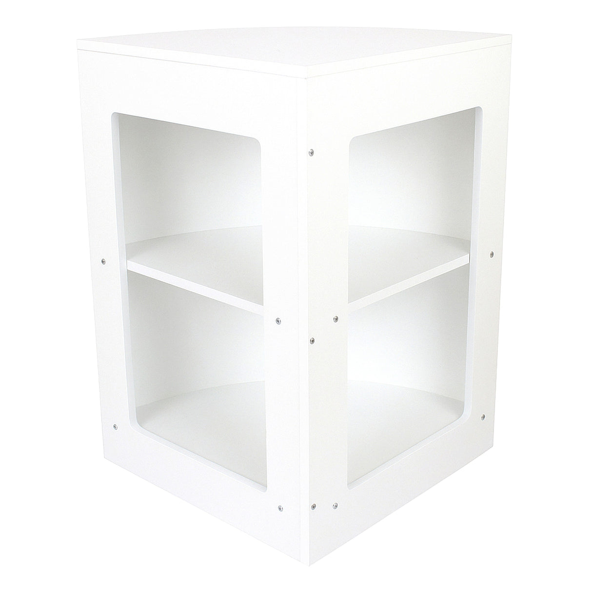 Vitrine de coin blanche en bois, avec deux étagères ouvertes, coins arrondis et finition lisse, idéale pour exposer des produits