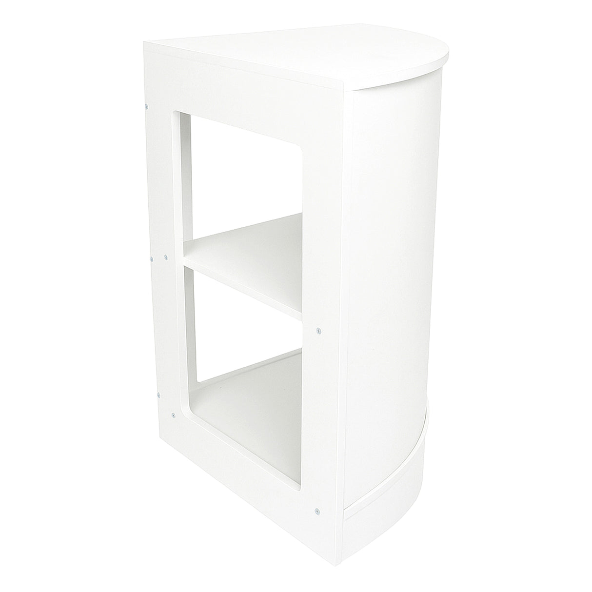 Vitrine de coin blanche en bois avec deux étagères ouvertes, design moderne et épuré, idéale pour un espace de vente élégant