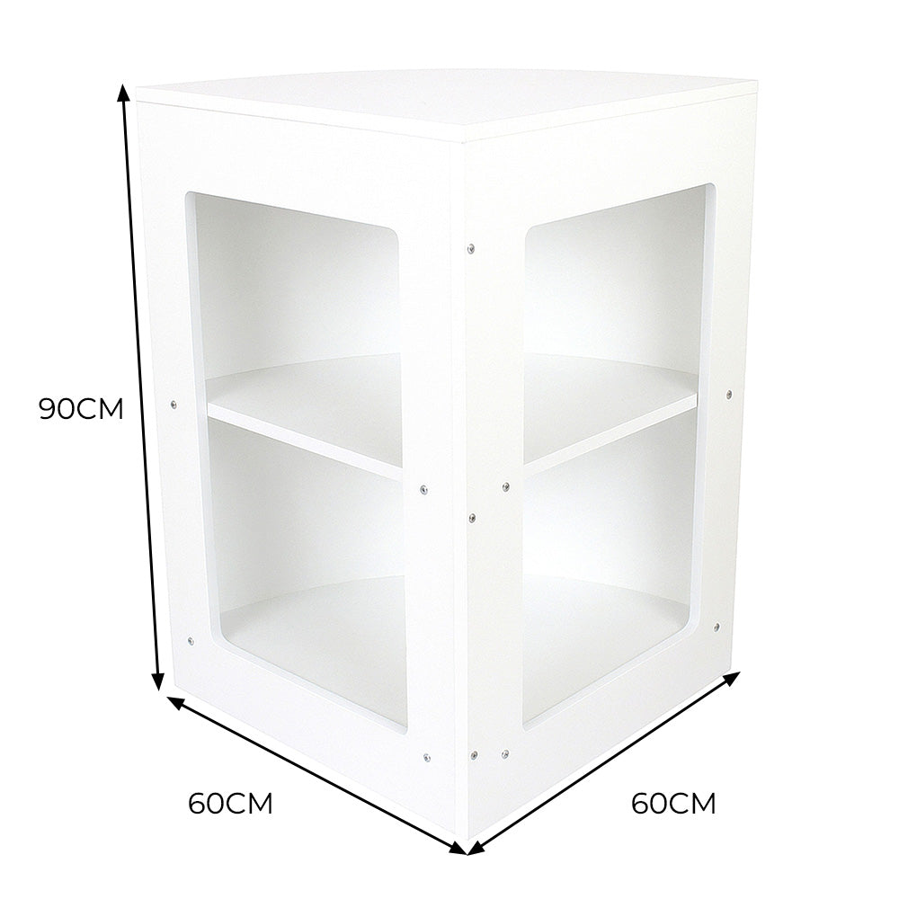 Vitrine de coin blanche de 60 cm, avec deux étagères ouvertes, finition lisse et moderne, idéale pour exposer des produits