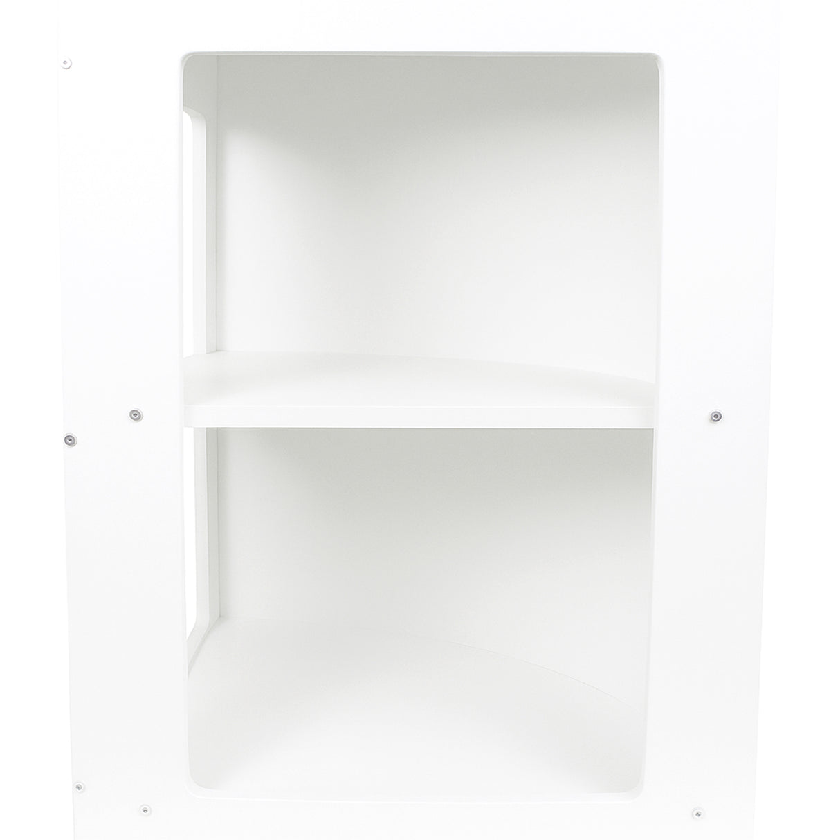 Vitrine de coin blanche avec deux étagères, finition lisse et moderne, idéale pour exposer des produits dans un espace compact
