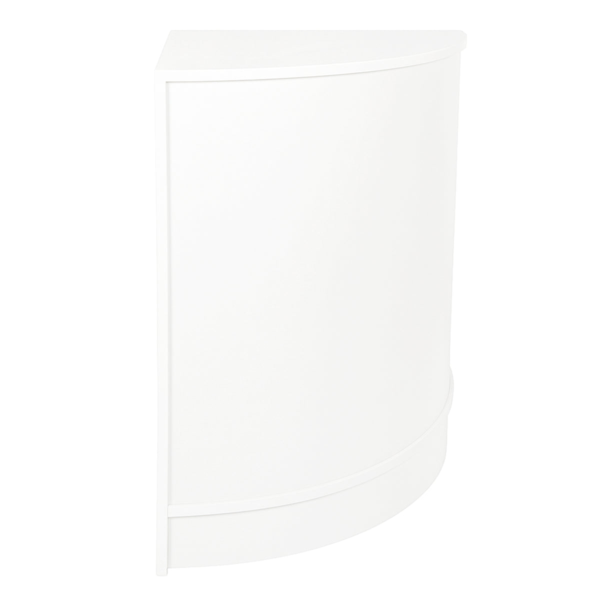 Vitrine de coin blanche au design moderne, finition lisse, forme arrondie, idéale pour exposer des produits en magasin