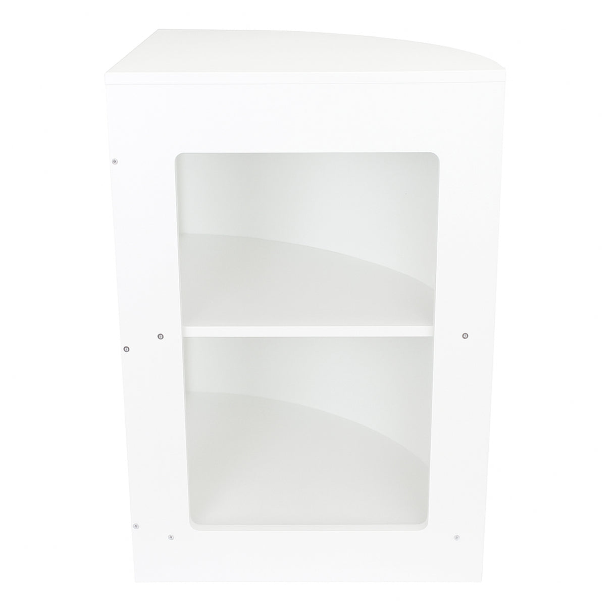 Vitrine de coin blanche en bois, avec deux étagères intérieures et une façade en verre, design moderne et épuré