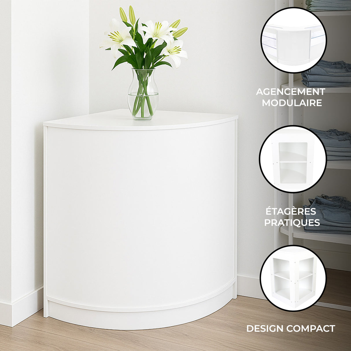 Vitrine de coin blanche en MDF avec étagères pratiques, design compact, idéale pour un agencement modulaire dans un intérieur moderne