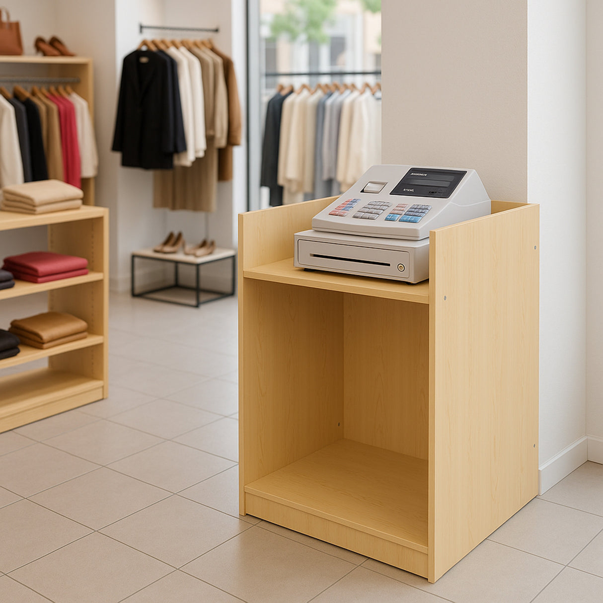 Comptoir de vente en érable clair avec caisse enregistreuse, situé dans un magasin, entouré de vêtements sur cintres et étagères
