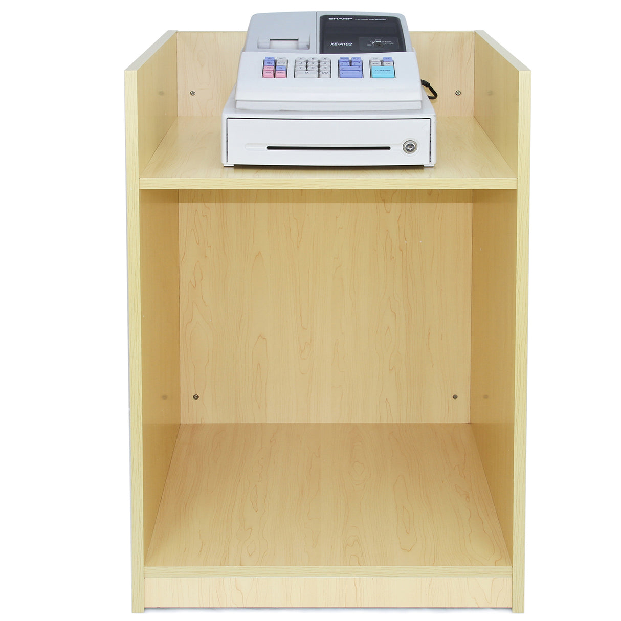 Comptoir de vente en érable clair avec caisse enregistreuse, surface lisse, espace de rangement en dessous, design moderne et fonctionnel