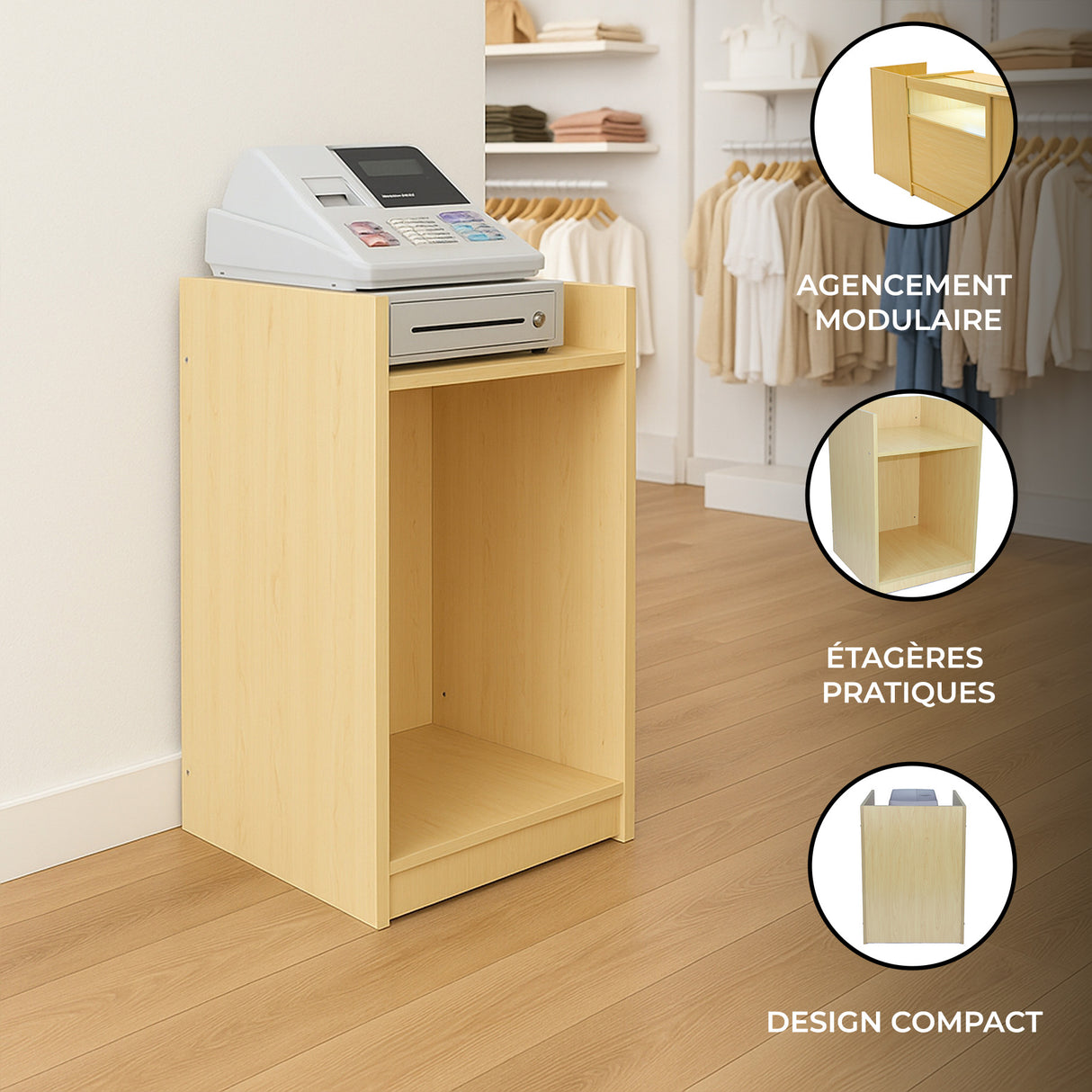 Comptoir de vente en érable clair, design compact avec tiroir et étagères pratiques, idéal pour caisse enregistreuse dans un magasin