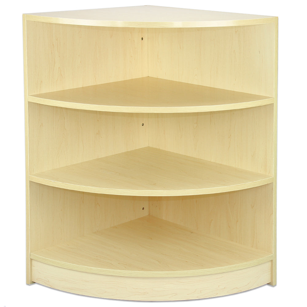 Vitrine de coin en érable clair avec quatre étagères en forme de coin, surface lisse et finition naturelle, idéale pour le rangement