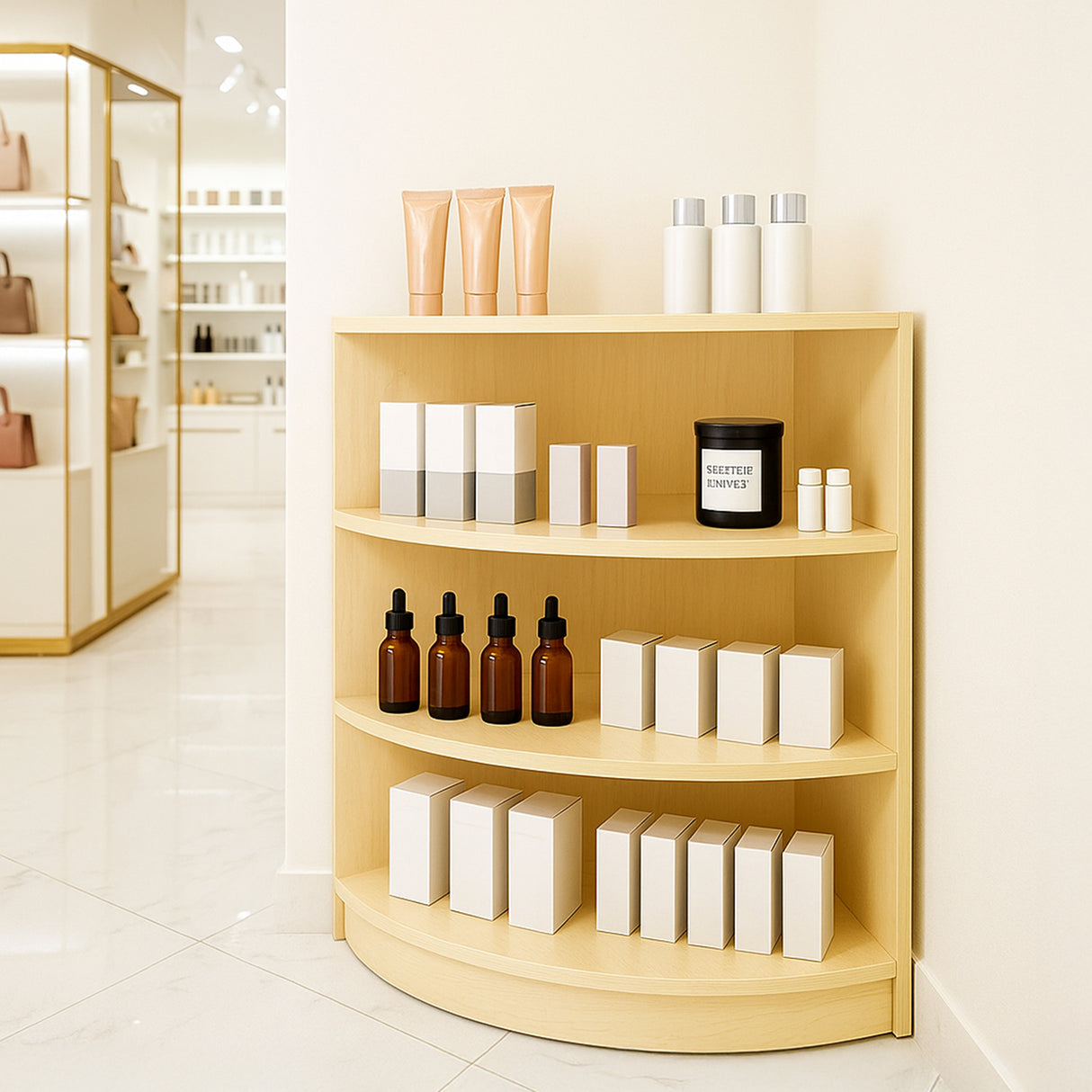 Vitrine de coin en érable clair avec étagères arrondies, présentant des produits de beauté dans des emballages élégants et modernes