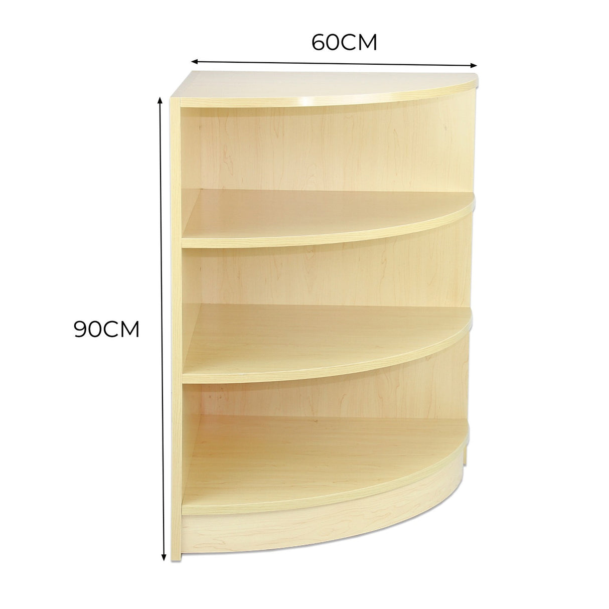 Vitrine de coin en érable clair, dimensions 60 cm de large et 90 cm de haut, avec quatre étagères courbées et finition lisse