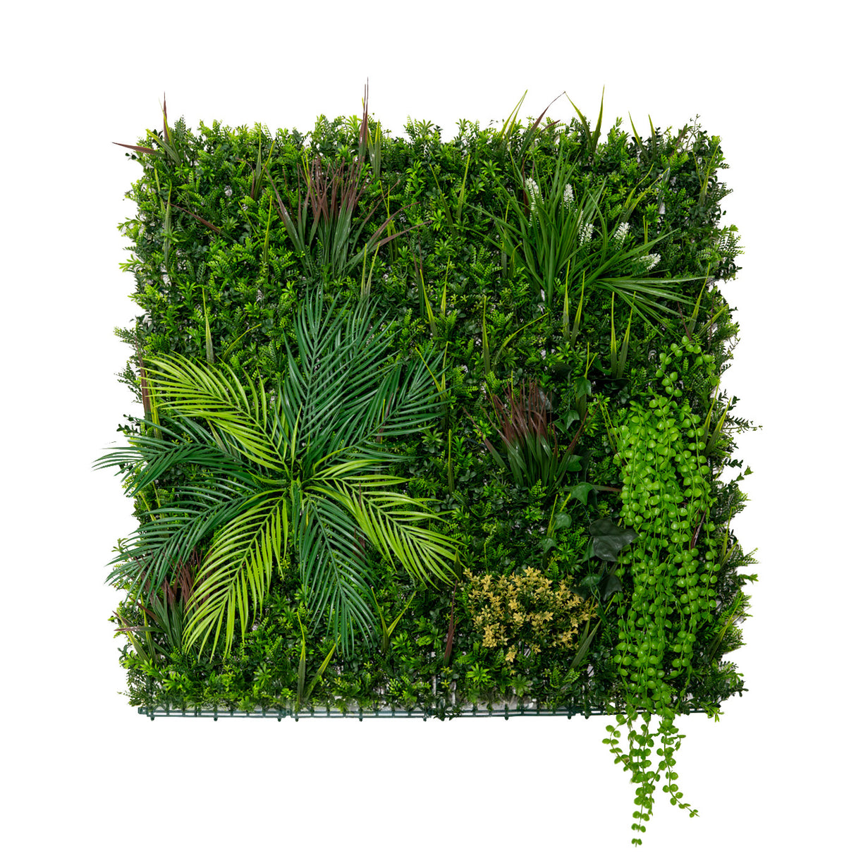 Panneau mural végétal artificiel de 100 x 100 cm, avec feuillage vert luxuriant, textures variées et plantes décoratives élégantes