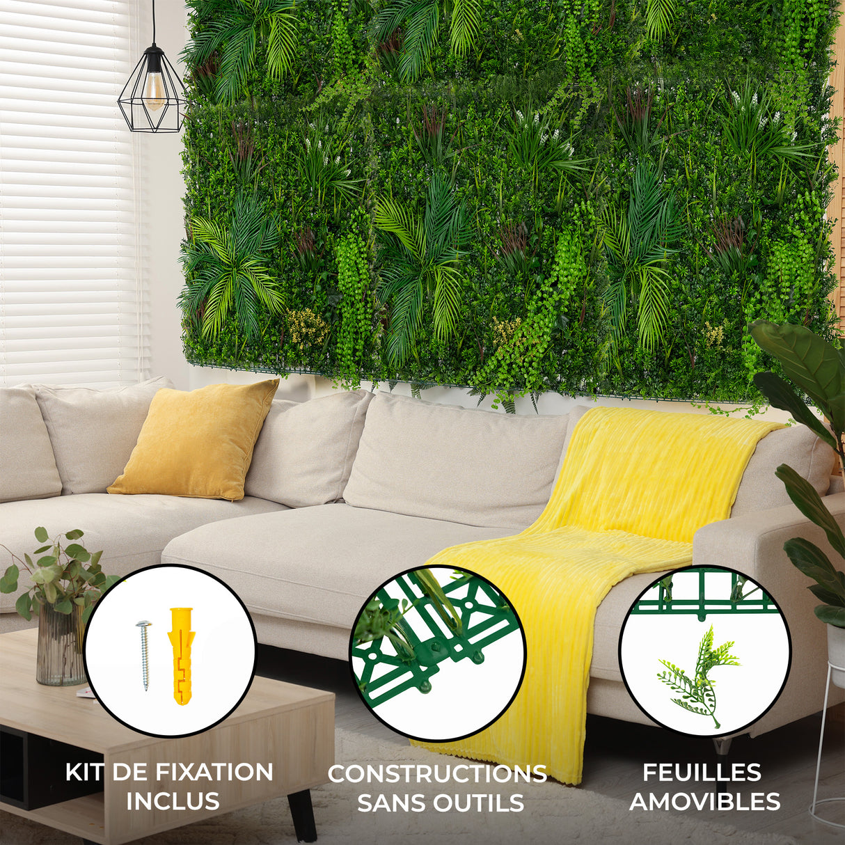 Panneau mural végétal artificiel 100 x 100 cm, feuillage dense en vert, texture réaliste, parfait pour décorer un intérieur moderne