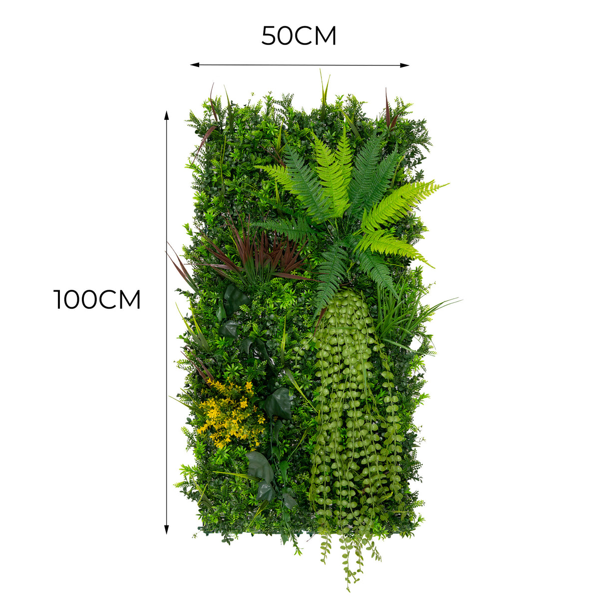 Panneau mural végétal artificiel de 50 x 100 cm, avec des feuillages verts, des fougères, et des fleurs jaunes, créant une ambiance naturelle