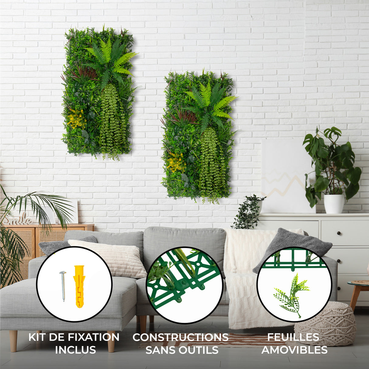 Panneau mural végétal artificiel de 50 x 100 cm, avec feuillage vert luxuriant et textures variées, idéal pour décorer un intérieur moderne