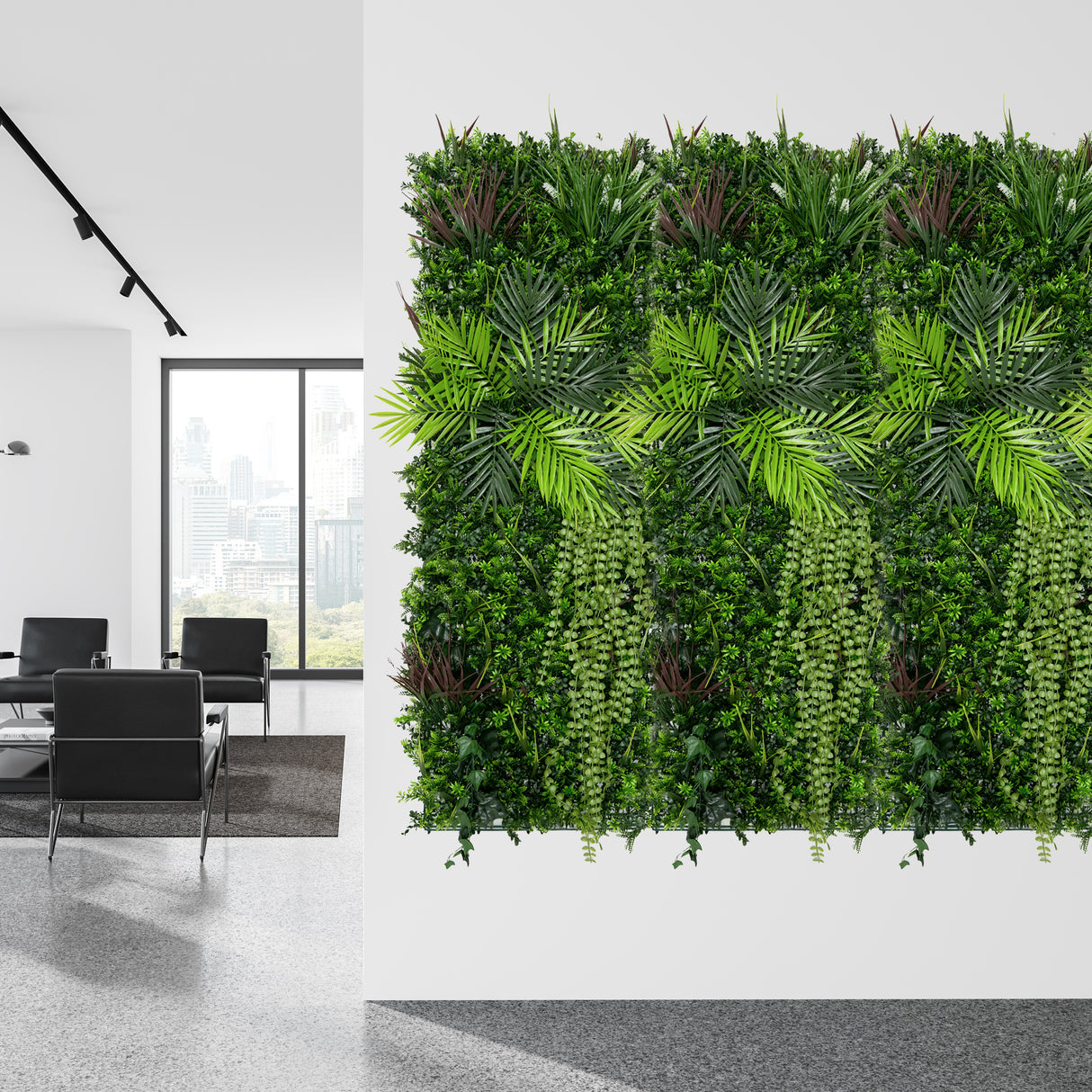 Panneau mural végétal artificiel 50 x 150 cm, riche en feuillage vert, textures variées et plantes suspendues, idéal pour décorer un intérieur moderne