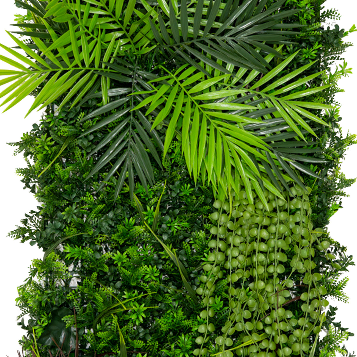 Panneau mural végétal artificiel de 50 x 150 cm, composé de feuillages verts variés, textures réalistes et feuillages luxuriants