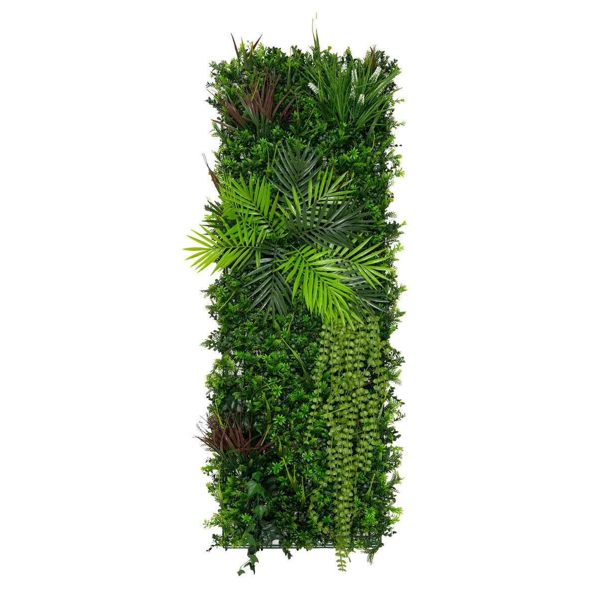 Panneau mural végétal artificiel de 50 x 150 cm, composé de feuillages verts variés, textures luxuriantes et plantes suspendues