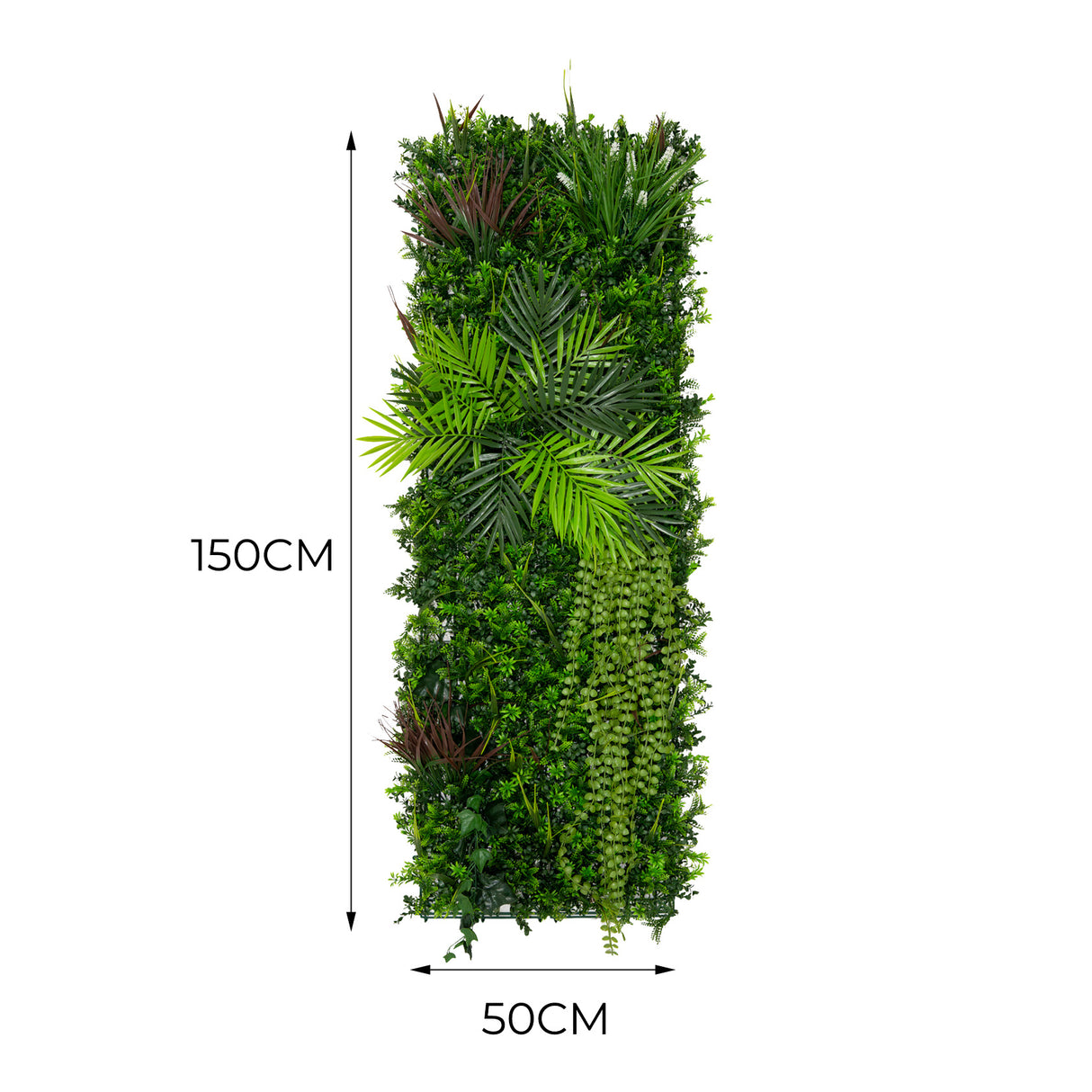 Panneau mural végétal artificiel de 50 x 150 cm, avec feuillage vert varié, textures réalistes et touches de plantes colorées