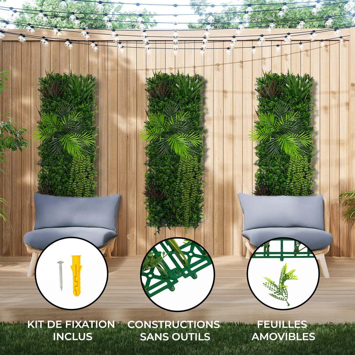 Panneau mural végétal artificiel de 50 x 150 cm, composé de feuillages verts variés, idéal pour décorer un espace extérieur ou intérieur