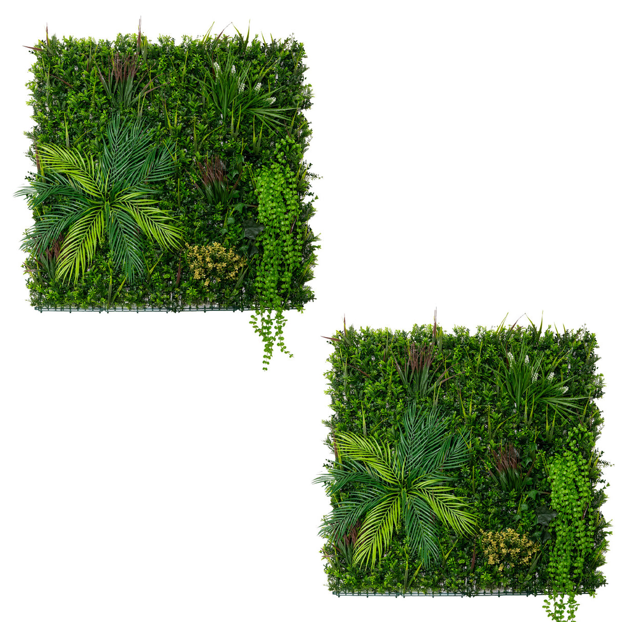 Panneaux muraux végétaux artificiels de 100 x 100 cm, présentant des feuillages verts variés et des textures luxuriantes pour une décoration moderne