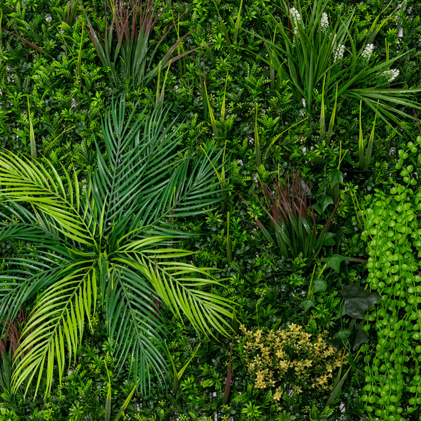 Panneaux muraux végétaux artificiels de 100 x 100 cm, avec des feuilles vertes variées et textures réalistes, ajoutant une touche naturelle à votre décor