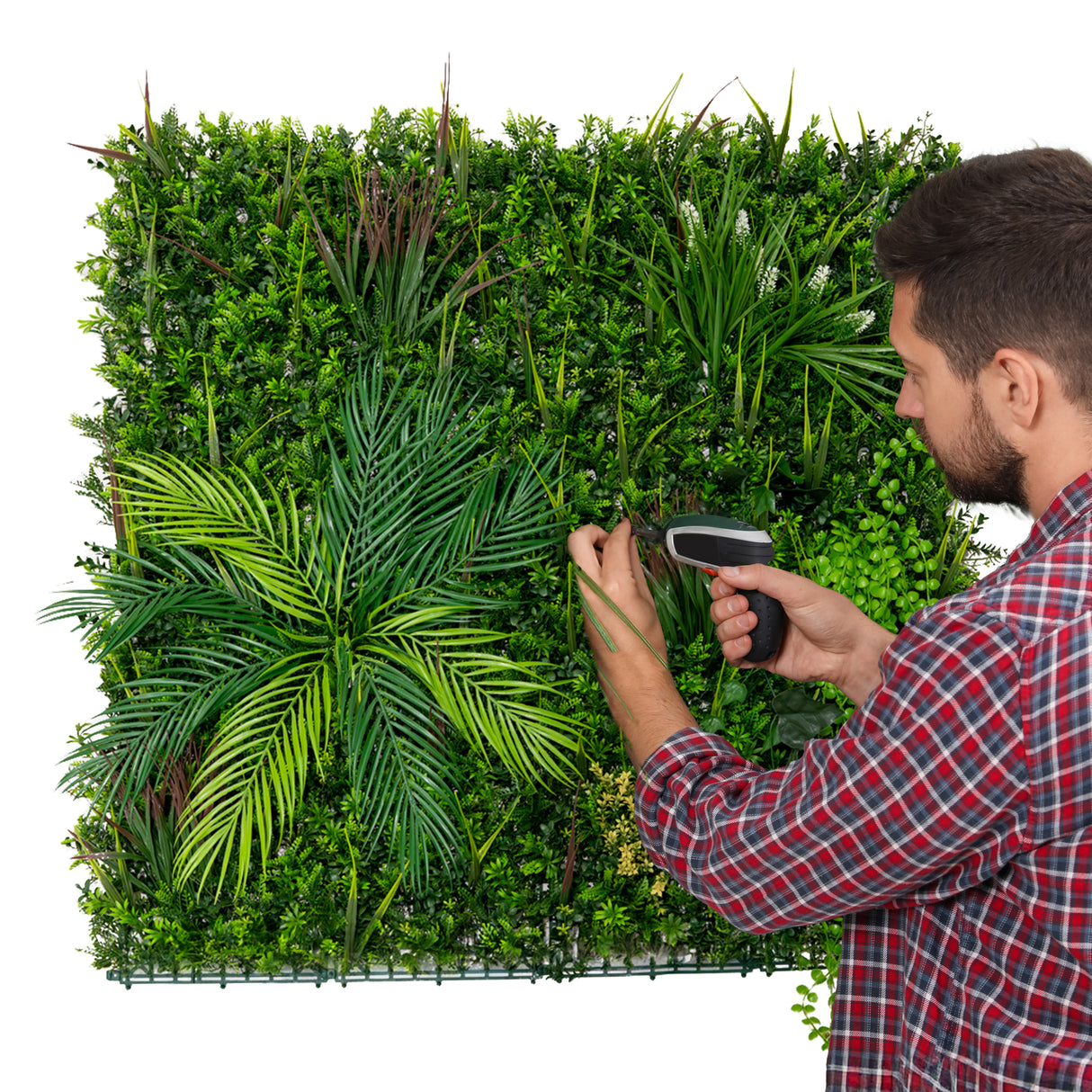Panneaux muraux végétaux artificiels de 100 x 100 cm, avec des feuilles vertes variées et une texture réaliste, ajoutant une touche naturelle à tout espace