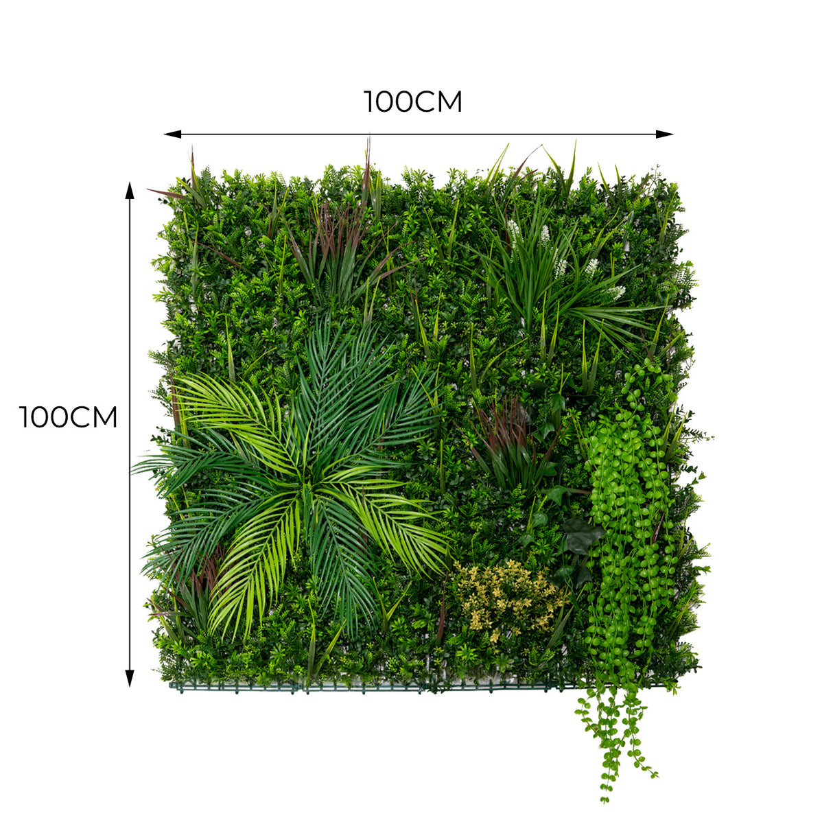 Panneaux muraux végétaux artificiels de 100 x 100 cm, avec feuillage vert varié, textures luxuriantes et design moderne pour décoration intérieure