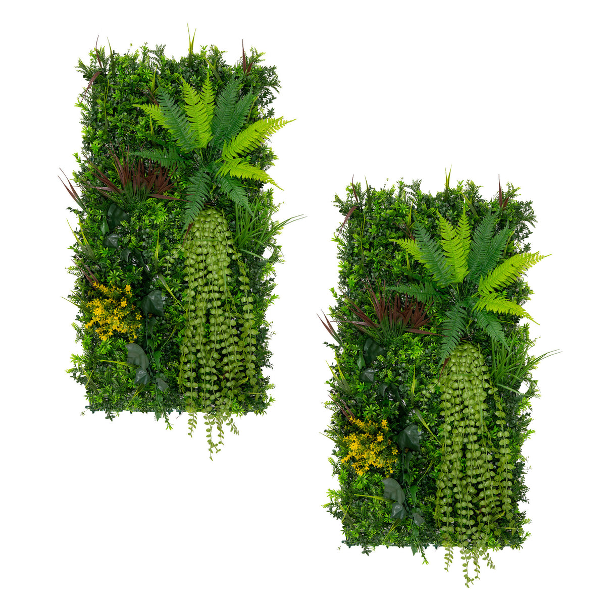Deux panneaux muraux végétaux artificiels de 50 x 100 cm, avec des feuilles vertes, des fougères et des touches de fleurs jaunes