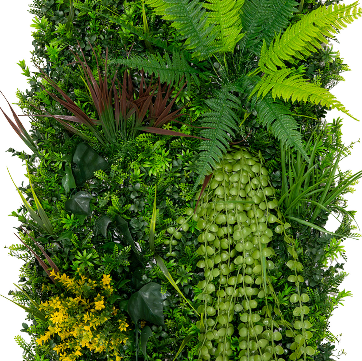 Panneaux muraux végétaux artificiels de 50 x 100 cm, avec une variété de feuillages verts, textures réalistes et touches de jaune