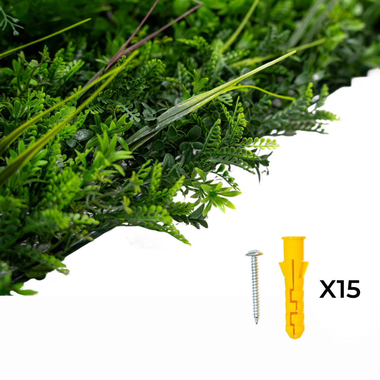 Panneaux muraux végétaux artificiels verts, texture réaliste, accompagnés de vis et chevilles jaunes pour installation facile